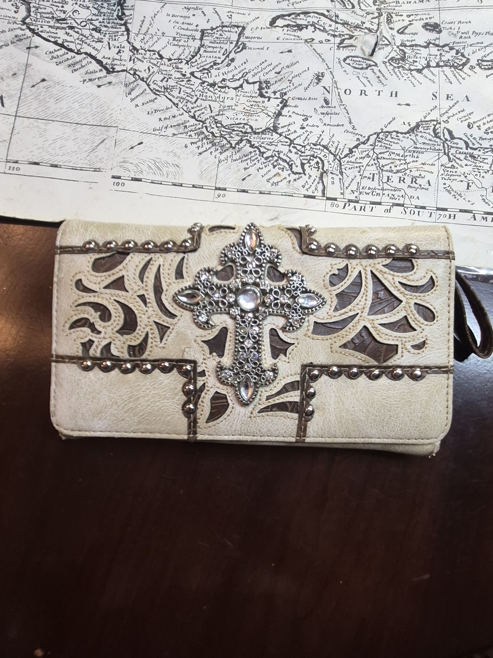 Embellished Cross Accent Cream Women’s Wallet